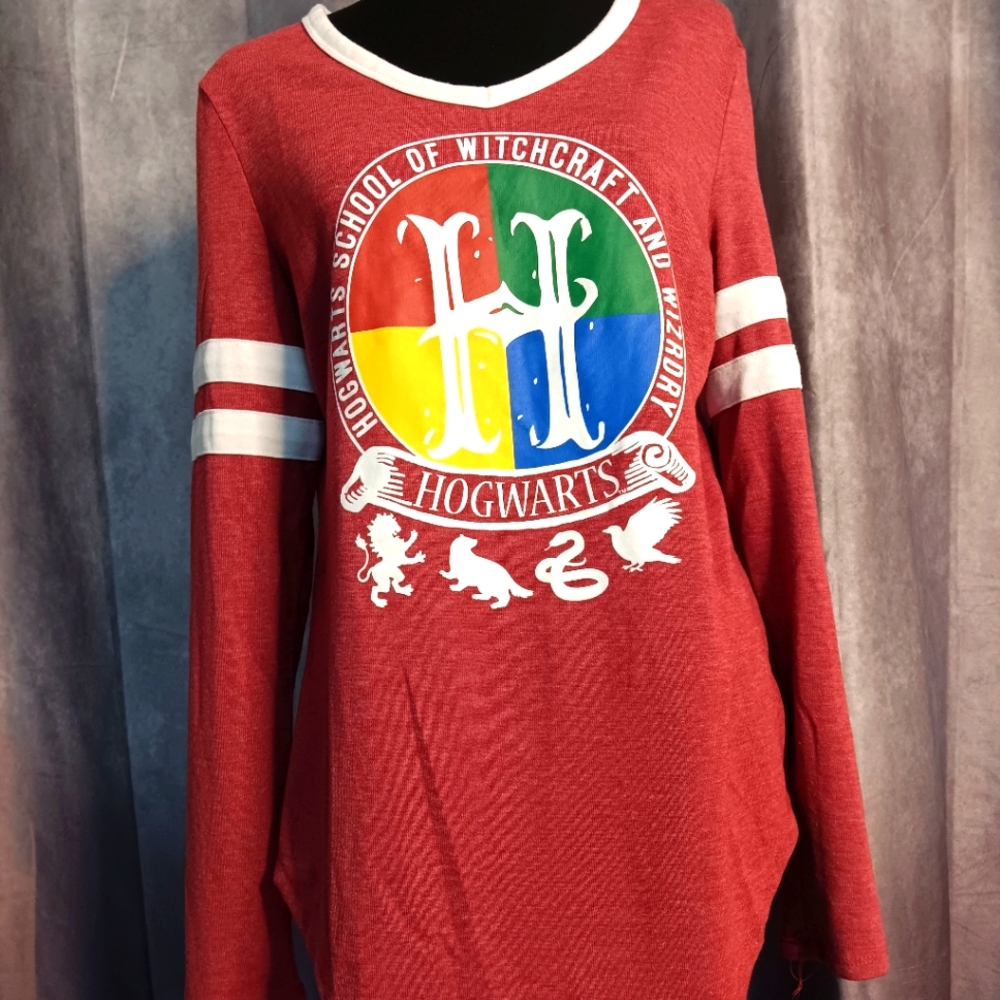 Harry Potter Hogwarts Crest Varsity Stripe Long Sleeve Shirt Red Juniors L 11/13